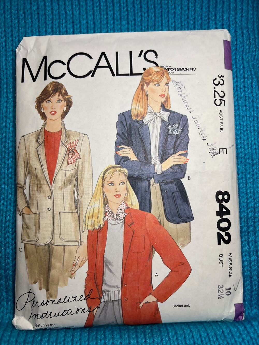 McCalls Sewing pattern 8402 Blazer pattern 1980s size 10